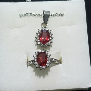 Red Garnet and White Zircon Necklace and Ring Set Stainless Steel